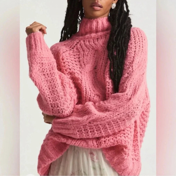 LoveShackFancy Sweaters - LoveShackFancy Leyland Chunky Cable Knit Turtleneck Sweater in Pink Rose Small